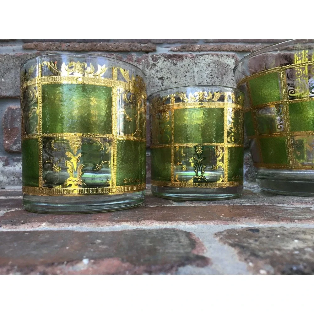 Vtg 60s Culver Prado Green & Gold 22 k Lowball Glasses (4) and Ice Bucket Set